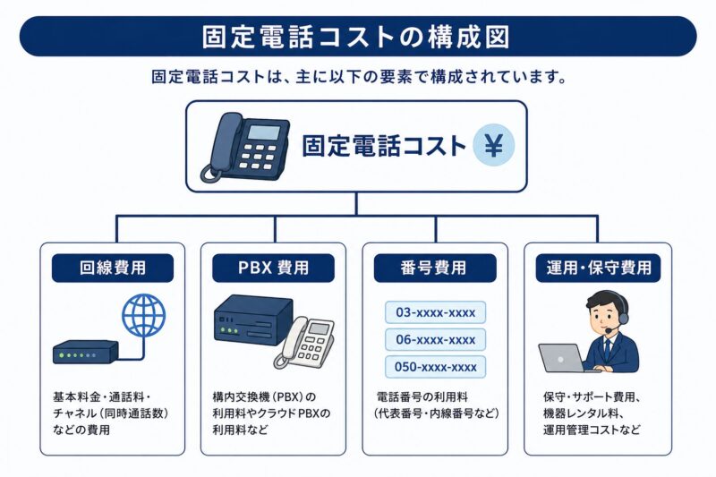 固定電話コストの構成図（回線・PBX・番号・運用費用）