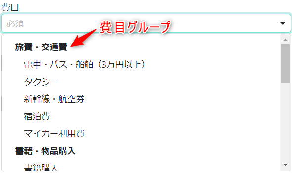 費目グループごとの費目表示