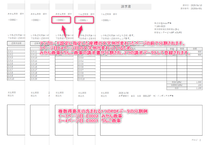 特定エリアの文字列が変わったページの前で分割の例