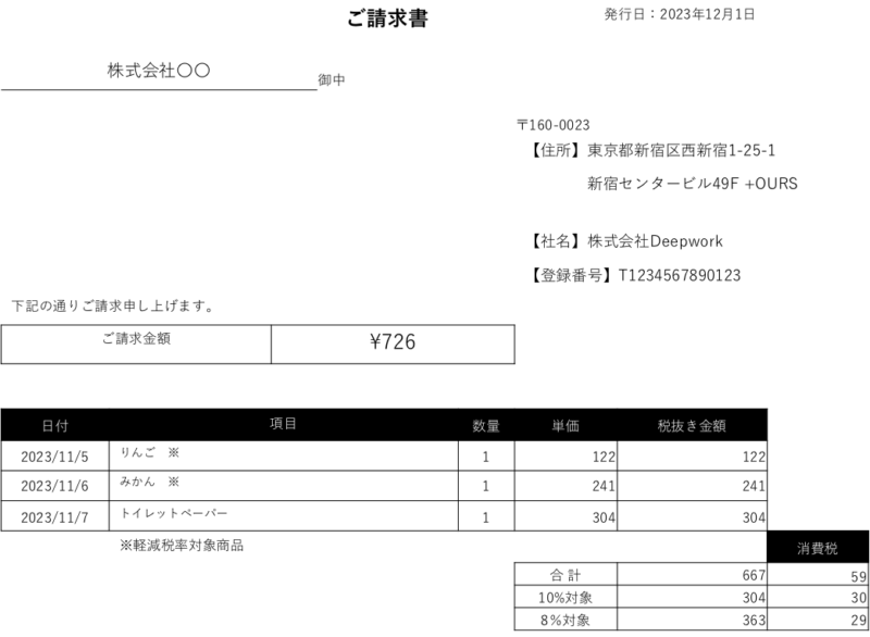 適格請求書の例