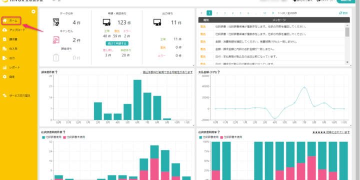 invox受取請求書のホーム画面