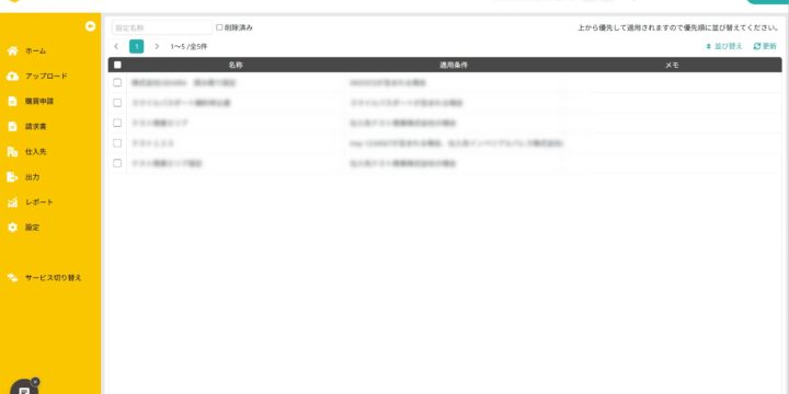 読み取りエリア設定を一覧表示する